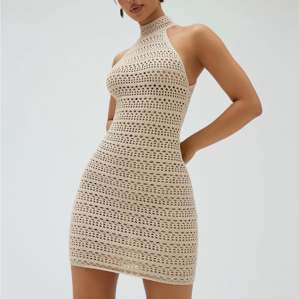 🤎 Naked Wardrobe Beige Crochet Highneck Beach Cover Up Halter Mini Dress Medium